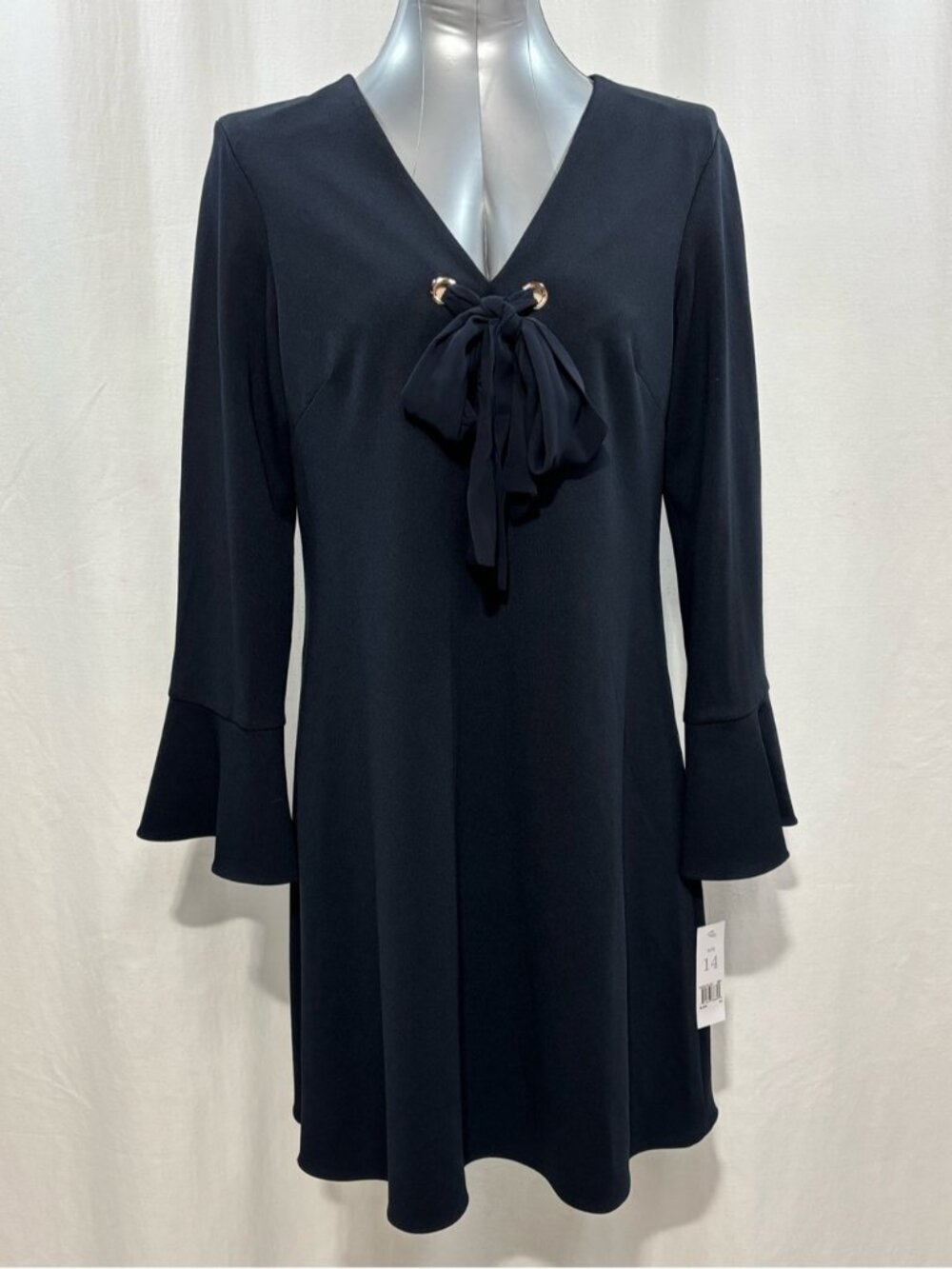 NWT Donna Morgan Navy Blue  V-Neck Shift Dress Bell Sleeve Tie Detail Size 14